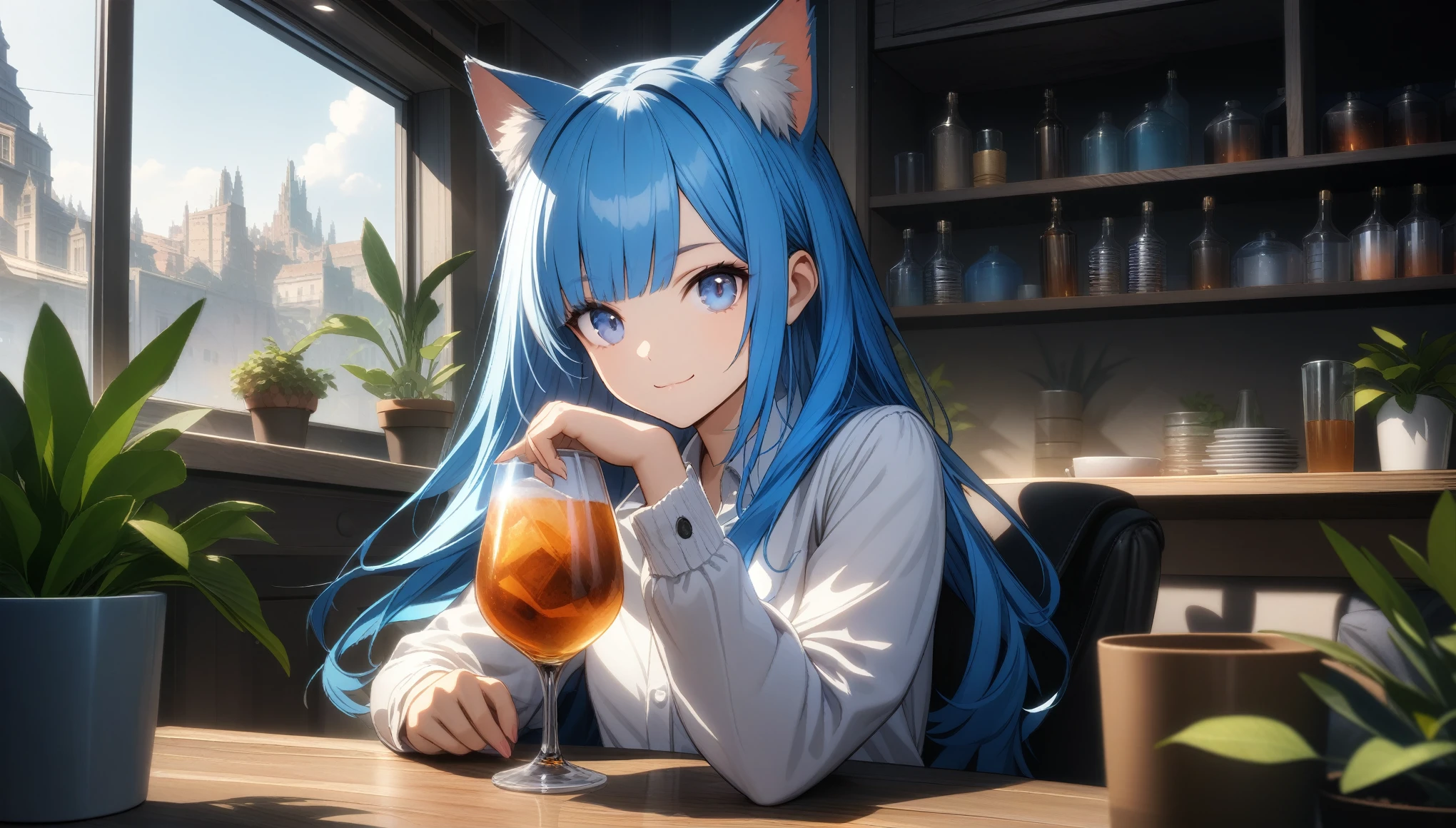 32k, best quality, ultra high res, HDR, UHD, extremely detailed CG, unity 32k wallpaper, 1girl, solo, long hair, looking at viewer, smile, bangs, blue eyes, shirt, long sleeves, holding, animal ears, closed mouth, blue hair, white shirt, multicolored hair, indoors, cat ears, cup, animal ear fluff, window, plant, holding cup, drinking glass, crystal, potted plant,