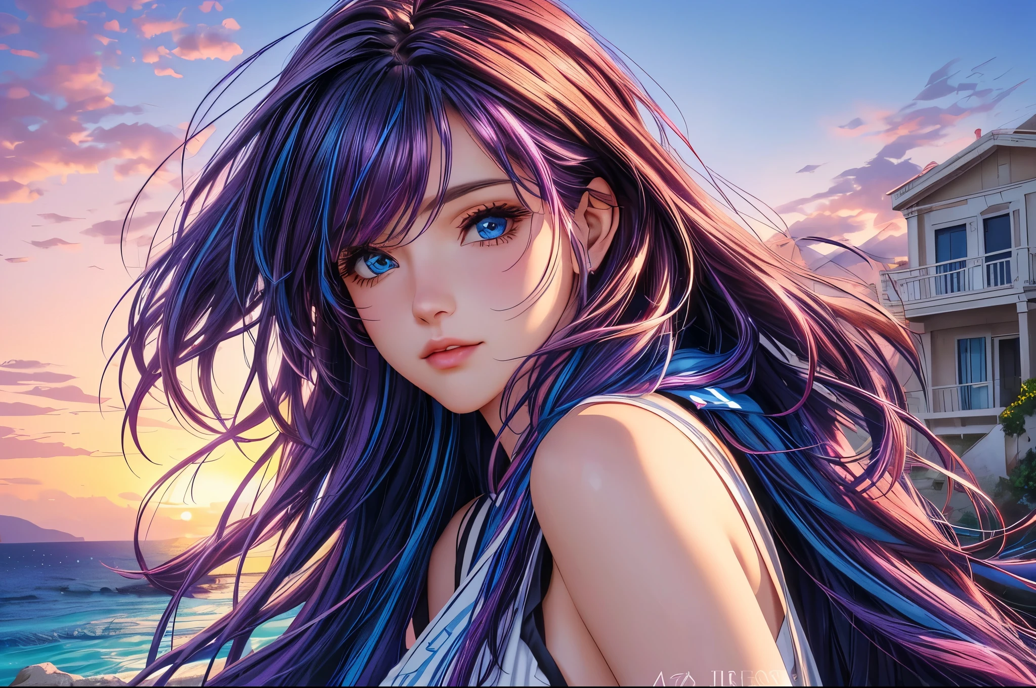 Woman in Greece portrait anime dark blue hair streaked pink purple hair blue eyes Nikon camera sunset hour realistic photography Beach House at Greek island animation realistic brown hair