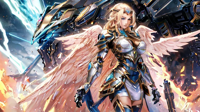 masterpiece, best quality, rich and colorful, , (Pinky skin:1.2), Big breasts, Mecha, armor, girl,Mechanical_Body, high resolution, blond hair, Very long hair, garlic, , Solitary, blue eyes, White coat, Soft fabric waist extension, Blue Energy, destroy, Quantum Energy, Mechanical wings