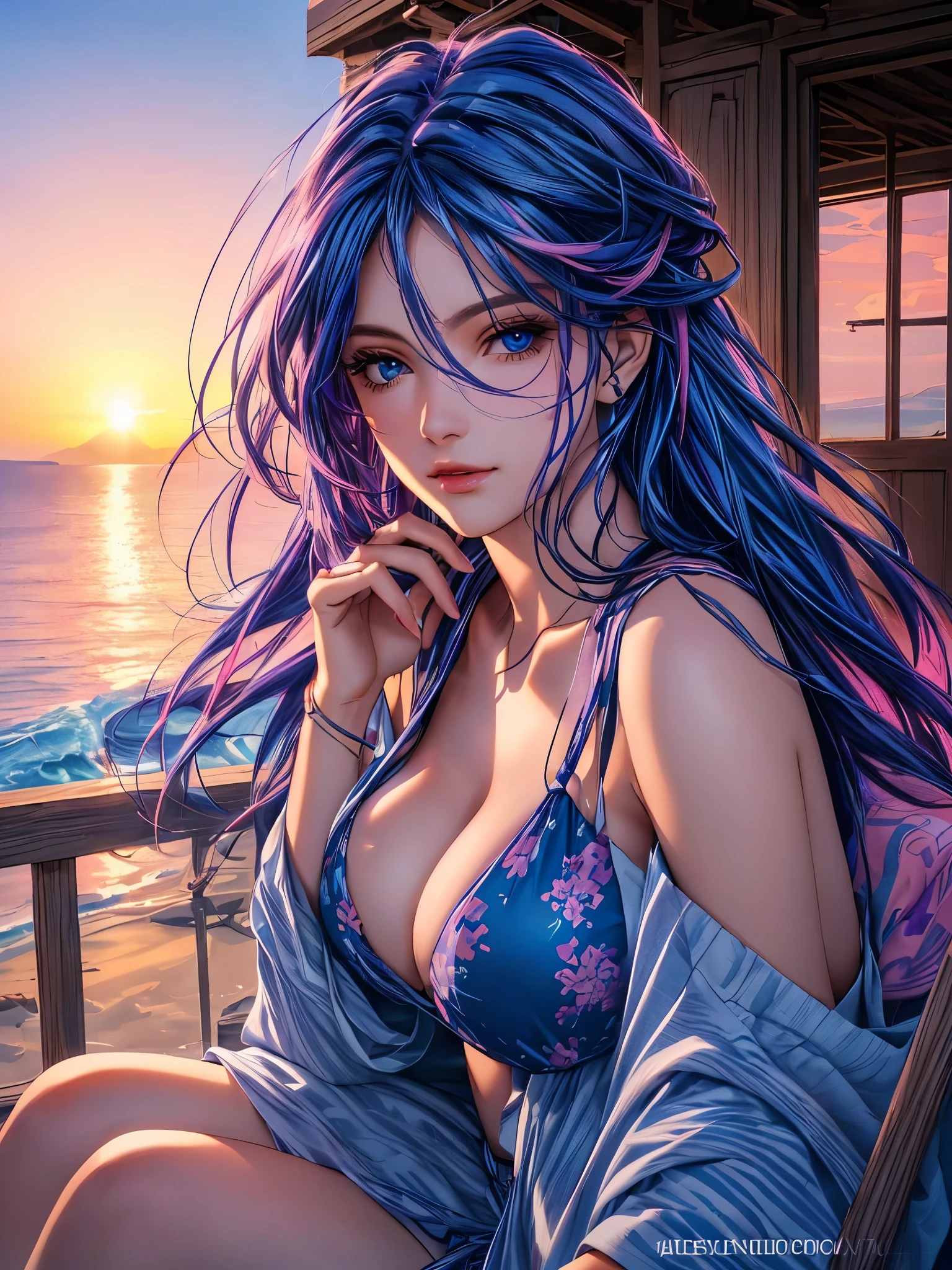 Woman in Greece portrait anime dark blue hair streaked pink purple hair blue eyes Nikon camera sunset hour realistic photography Beach House at Greek island animation realistic