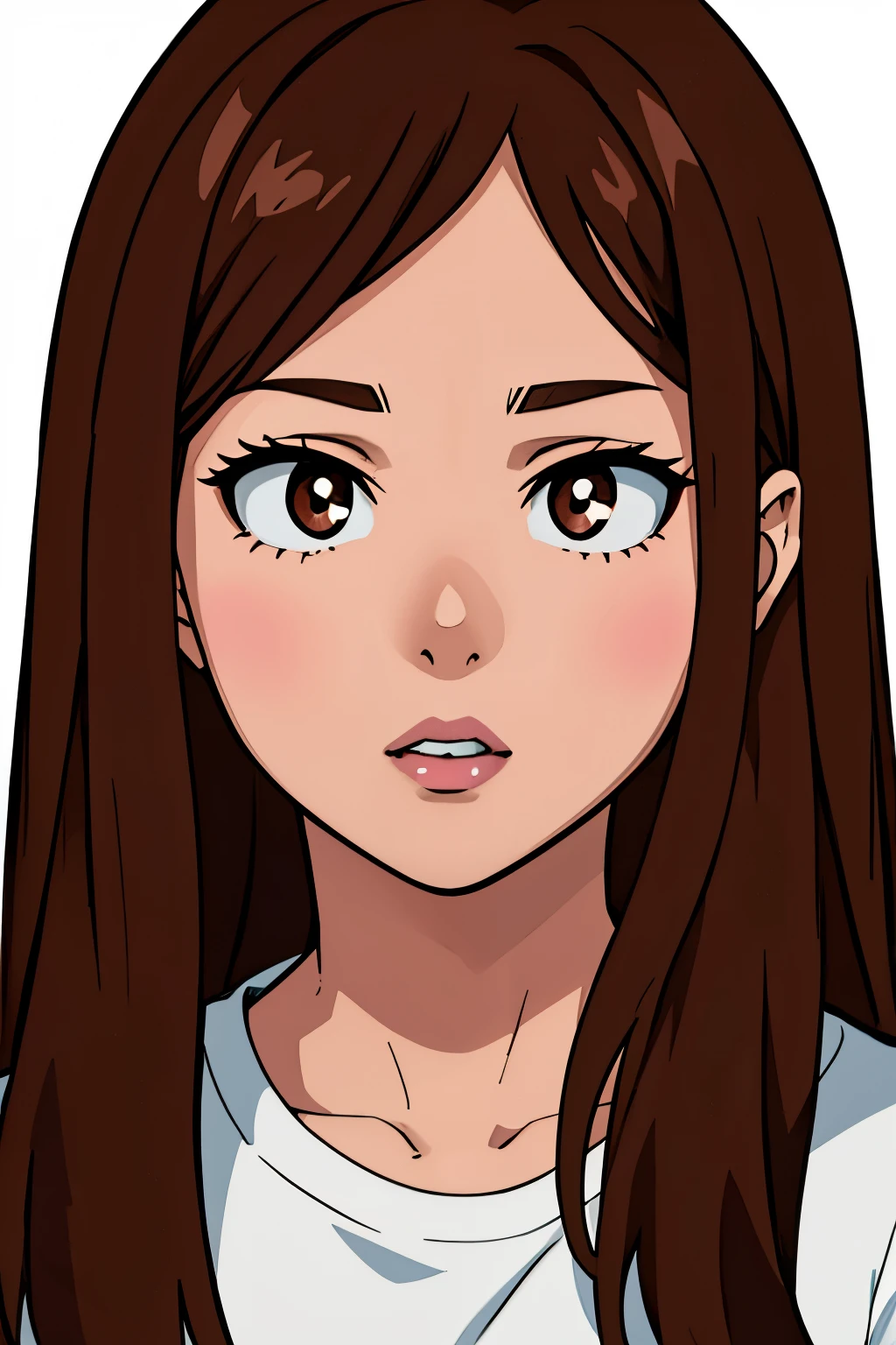 Girl, long brown hair, brown eyes, sharp features, white skin, pink lips, beautiful, t-shirt