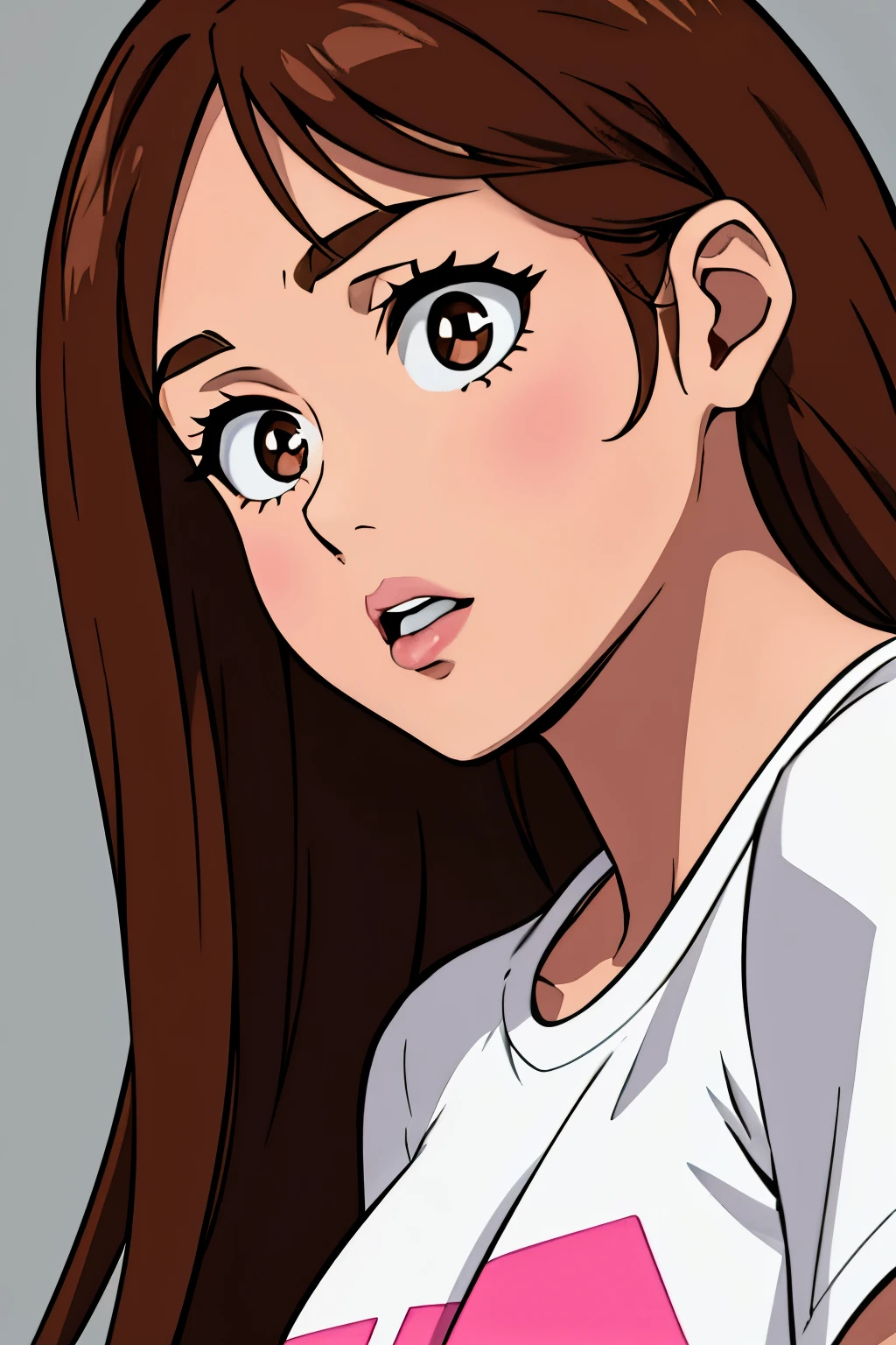 Girl, long brown hair, brown eyes, sharp features, white skin, pink lips, beautiful, t-shirt