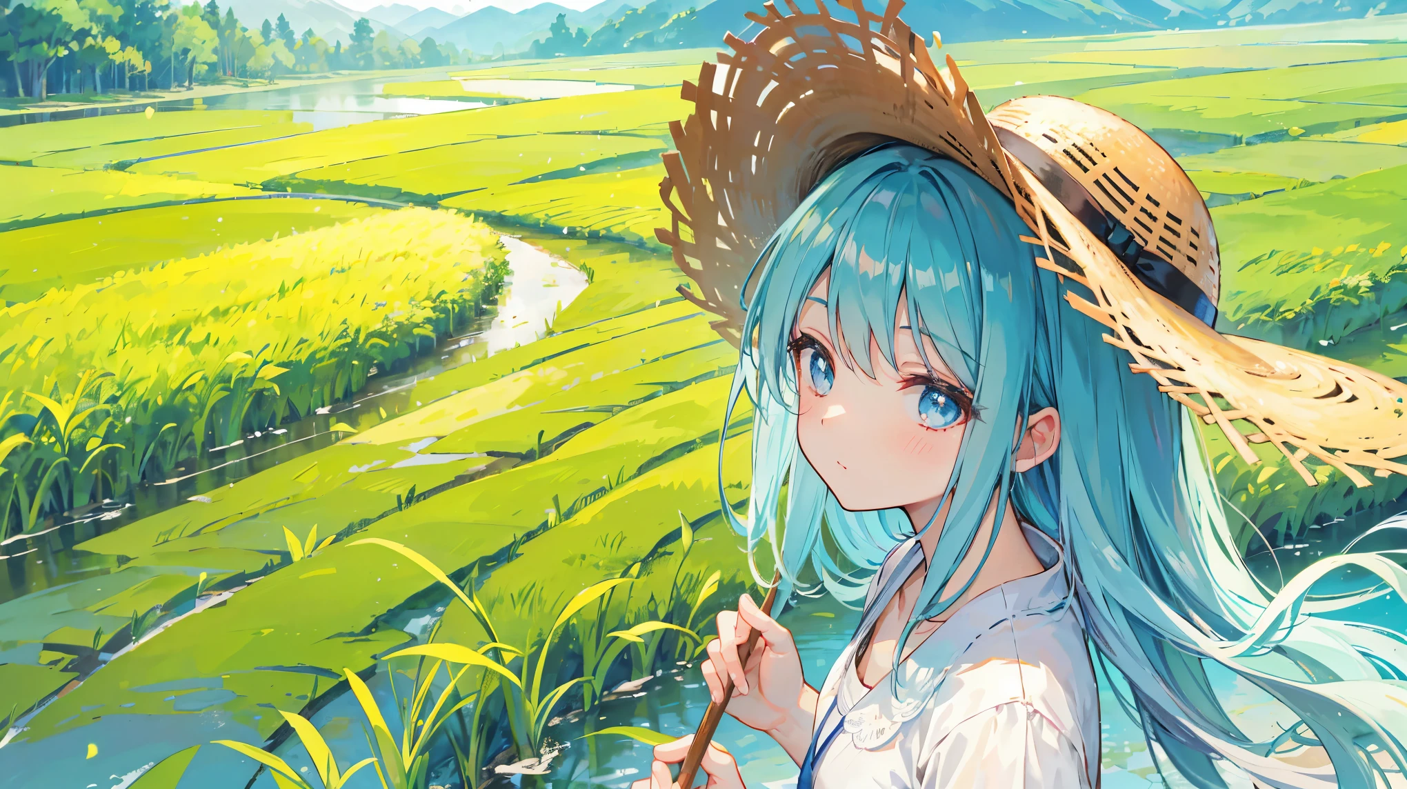 wood、Paddy field、Beautiful scenery、summer、countryside、、Straw hat、