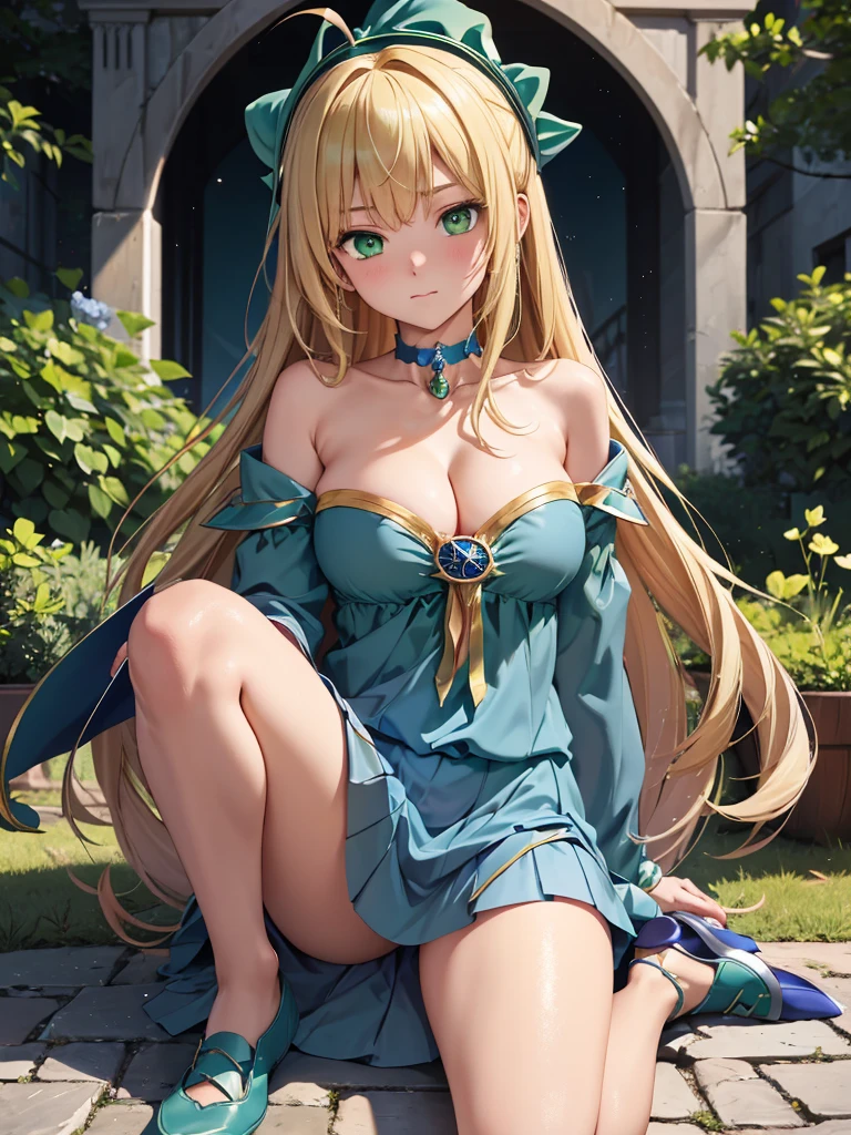 (masterpiece:1.2)、highest quality、High resolution、unity 8k wallpaper、(figure:0.8)、(Beautiful fine details:1.6)、Tight eyes、Highly detailed face、Perfect lighting、Highly detailed CG、(Perfect hands、Perfect Anatomy)、Dark Magician Girl、Blonde Hair、choker、(Green Eyes:1.5)、Long Hair、ahoge、
bare shoulders、Blue footwear、blush、Cleavage、clavicle、Large Breasts、Off the shoulder、Pentacles、wizard、(Blue clothes:1.5)、Short skirt、Spread your legs、
looking at viewer、outdoors, city、