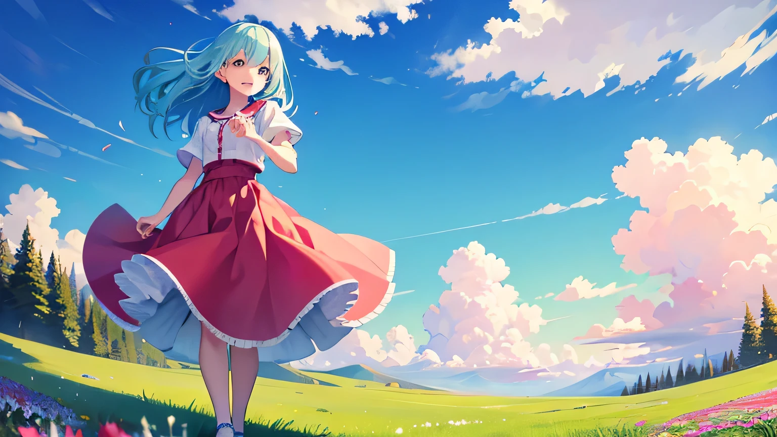 [The illustration is of girls in a place where the wind blows through. The girls are wearing vibrant colored outfits, and their hair is flowing in the wind. The background depicts a blue sky with white clouds, and swaying grass and flowers in the wind. The girls are happily waving their hands, enjoying the feeling of the wind. This illustration represents the beauty of nature and the bright energy of the girls.]

Illustrate an anime-style artwork featuring girls standing in a place where the wind is blowing. The girls should be wearing vividly colored outfits that stand out against the background. Their hair should be flowing in the wind, giving a sense of movement. The background should consist of a blue sky with fluffy white clouds, along with swaying grass and blooming flowers. The girls should be depicted with joyful expressions, waving their hands in excitement as they feel the wind. The illustration should convey a sense of the girls' enjoyment and the natural beauty surrounding them.
