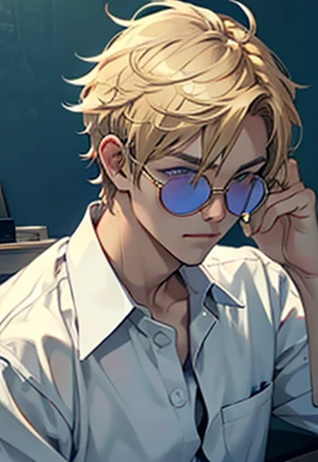 Human Male With short Messy blonde hair ,round tainted Glasses , white shirt