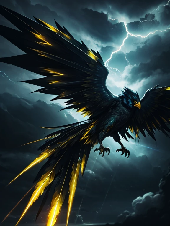 a giant electric monster bird, glowing electrical feathers, black feathers, six feathered wings, long feathered tail, flying in a stormy night sky, yellow lightning and thunder, dramatic lighting, epic fantasy, dramatic colors, dramatic composition, dramatic atmosphere, fantasy art