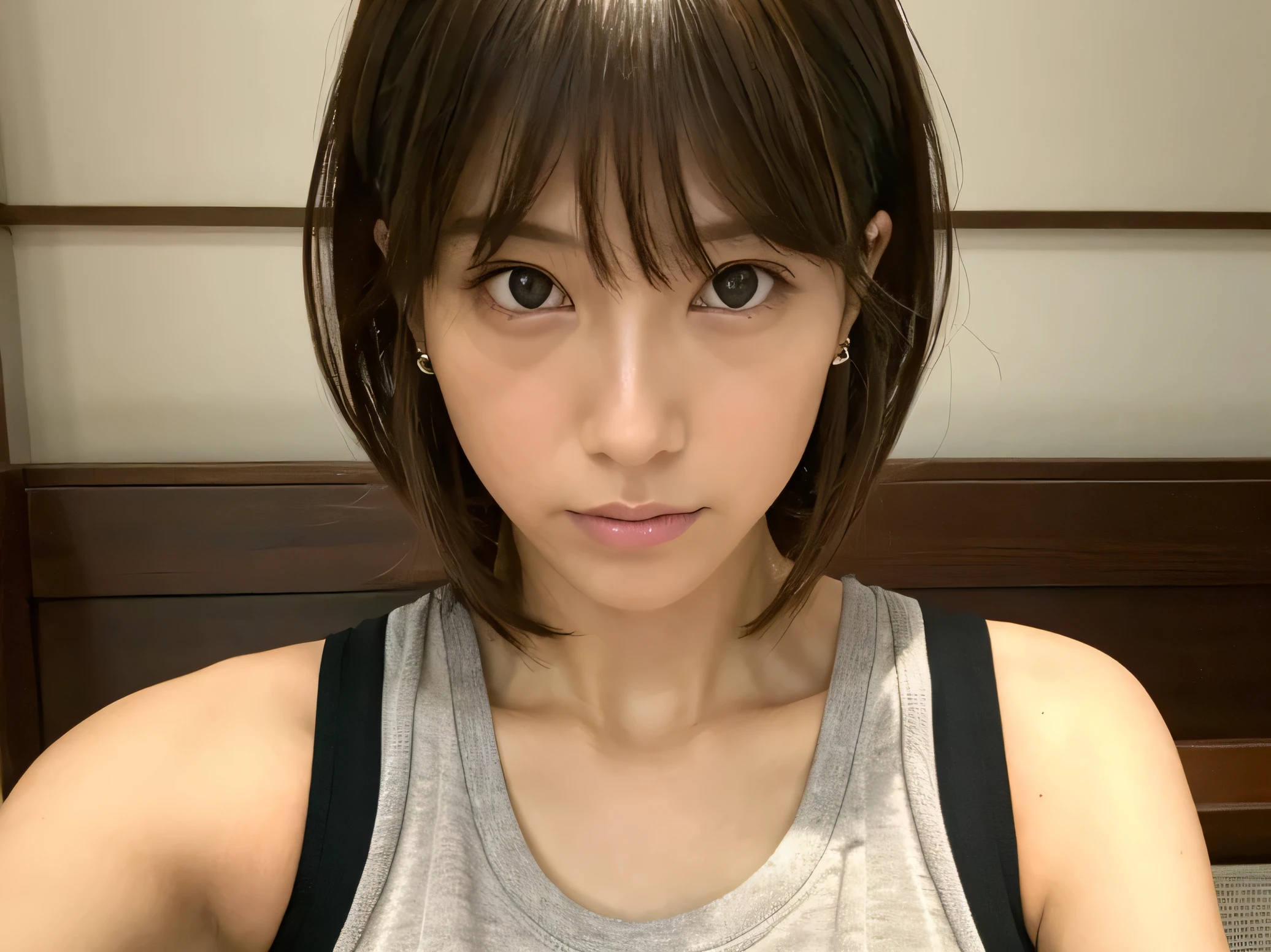 Look into the eyes,　Eye contact,　Front of face,　Front face,　face,　head,　Cross-legged,　indoor,　Brown Hair,　bangs,　Light clothing,　Tank top,　Sweat,　Sweaty,　Sweaty,　clavicle,　Cross-legged,　Light from below,　Chest