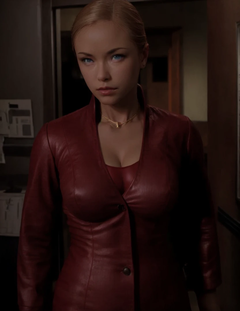T3RMKL0K, blue eyed, medium to large breast size, perked cleavage, cleavage, red outfit, gold necklace