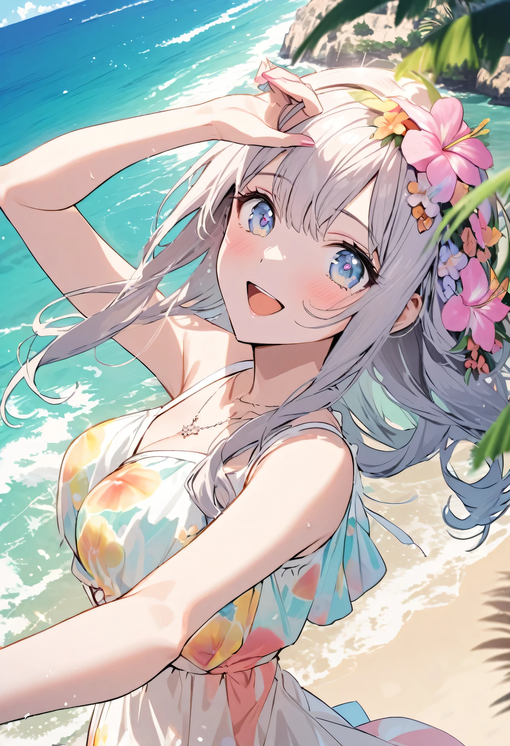 A beautiful woman in her twenties wearing a pastel summer dress enjoying herself at the beautiful beach with surrounding islands.