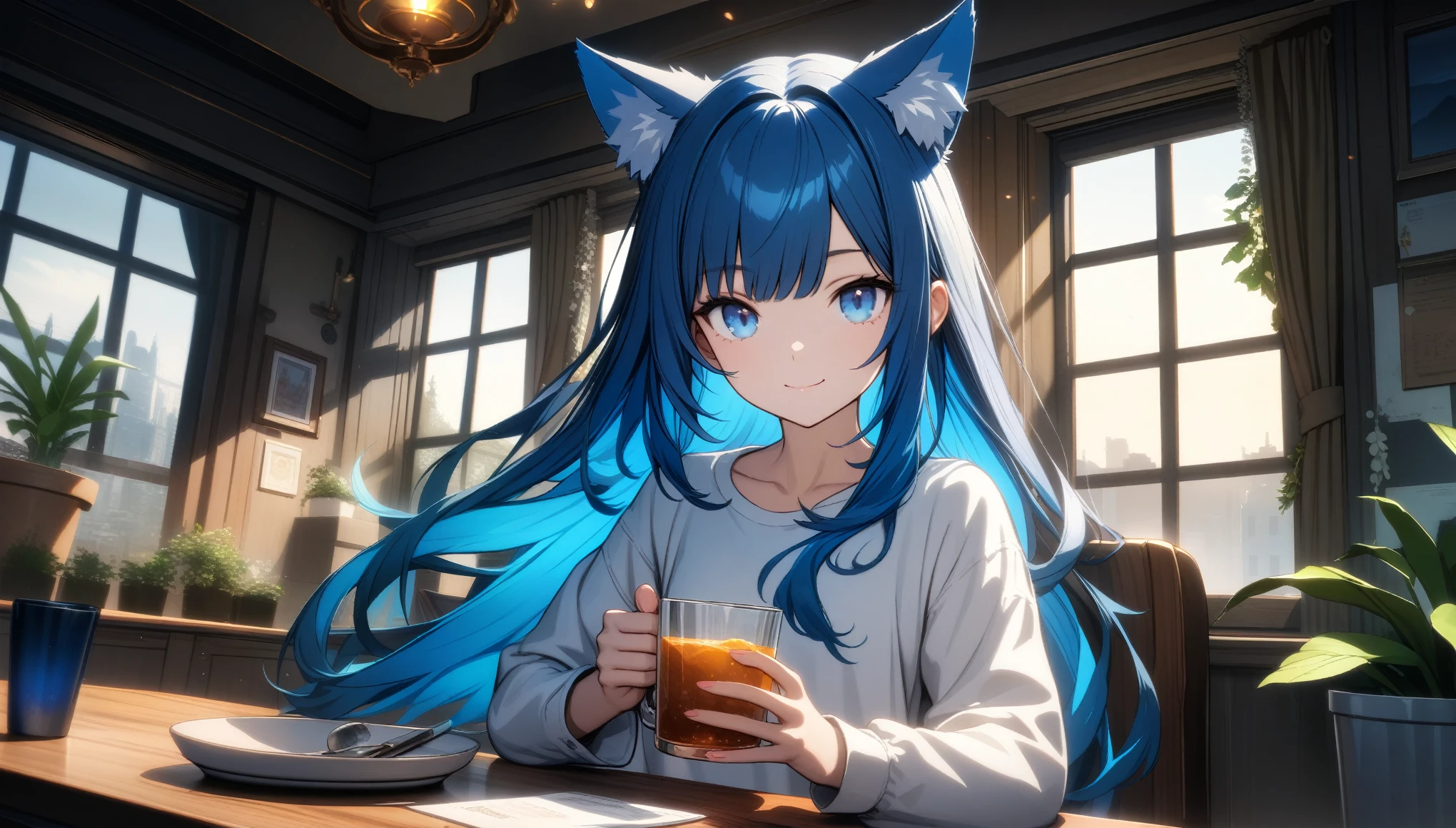 32k, best quality, ultra high res, HDR, UHD, extremely detailed CG, unity 32k wallpaper, 1girl, solo, long hair, looking at viewer, smile, bangs, blue eyes, shirt, long sleeves, holding, animal ears, closed mouth, blue hair, white shirt, multicolored hair, indoors, cat ears, cup, animal ear fluff, window, plant, holding cup, drinking glass, crystal, potted plant,