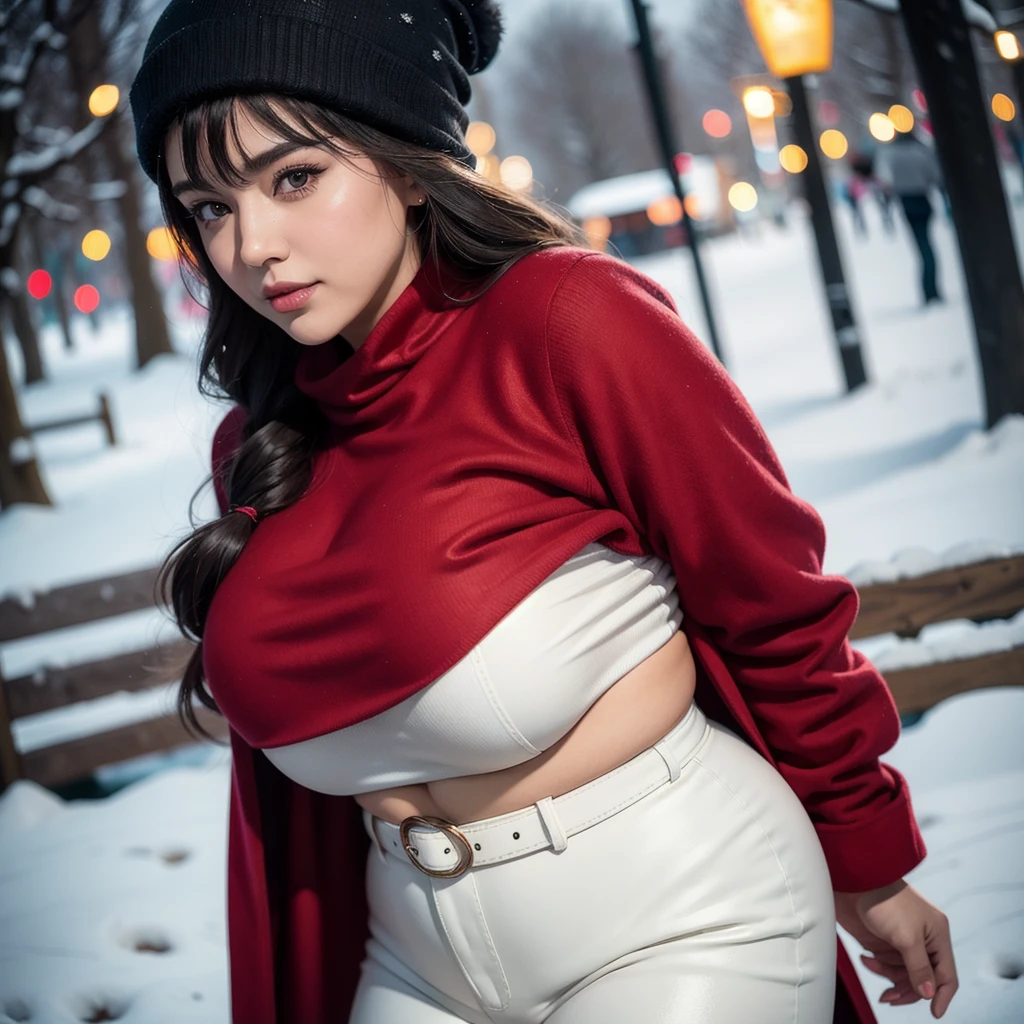 Beautiful sensual woman with a curvy body, long hair, bangs, french braid, widest waist, fitting breasts, curvy accentuated booty, sparkling eyes, long eyelashes, thick thighs, Strong calves, smirk, taniaayusiregar, She wears a red wool Coat, black Pullover, white trousers, belt, beanie, she is in a dark low lit Park, evening in Winter, snowy, photorealistic, Masterpiece, bokeh, Volumetric lighting, winter season atmosphere, close up shot (skin pores:1.1), (portrait:1.1, full-body view,