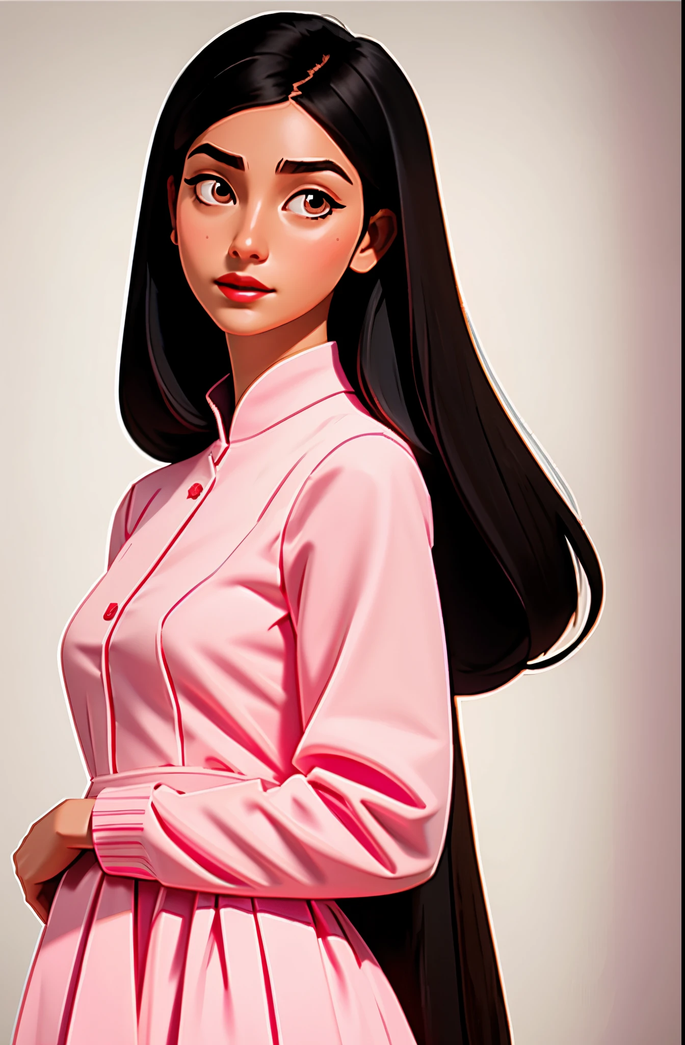 Girl, long black hair, brown eyes, soft sharp features, white skin, pink lips, dress with sleeves