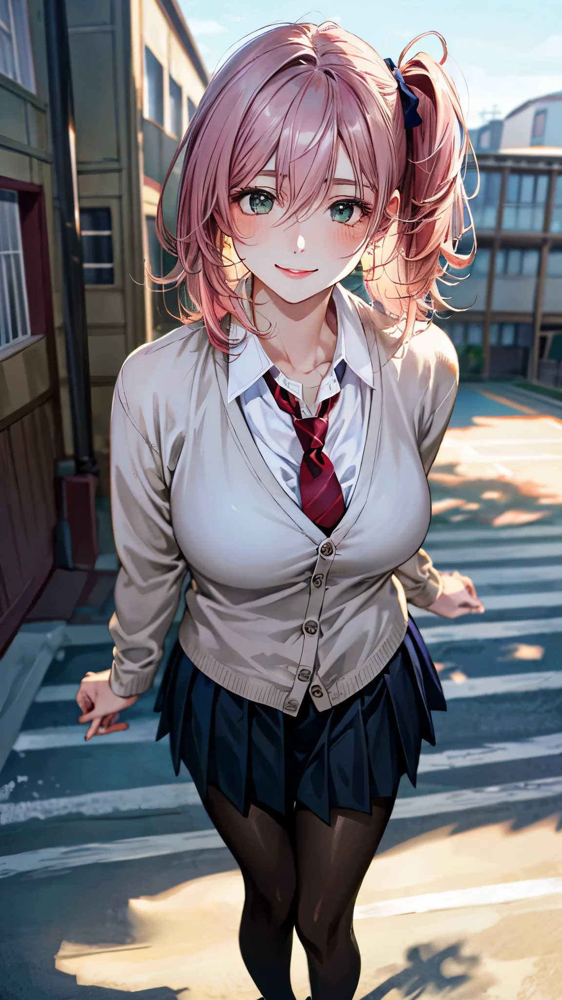 (masterpiece:1.3, top-quality, ultra high res, ultra detailed), (realistic, photorealistic:1.4), beautiful illustration, perfect lighting, natural lighting, colorful, depth of fields, ,
beautiful detailed hair, beautiful detailed face, beautiful detailed eyes, beautiful clavicle, beautiful body, beautiful chest, beautiful thigh, beautiful legs, beautiful fingers, shiny skin, babyface,
looking at viewer, (face focus), 1 girl, japanese, high school girl, (perfect anatomy, anatomically correct, super detailed skin), cute and symmetrical face, perfect face, perfect eyes,
(middle hair, (two side up), sideburns, pink hair), hair between eyes, dark green eyes, long eyelashes, (large breasts, seductive thighs), , outstanding style,
(detailed cloth texture, cardigan, light blue collared shirt, navy pleated skirt, red tie, black pantyhose),
(beautiful scenery), evening, (school yard), standing, (lovely smile, upper eyes),