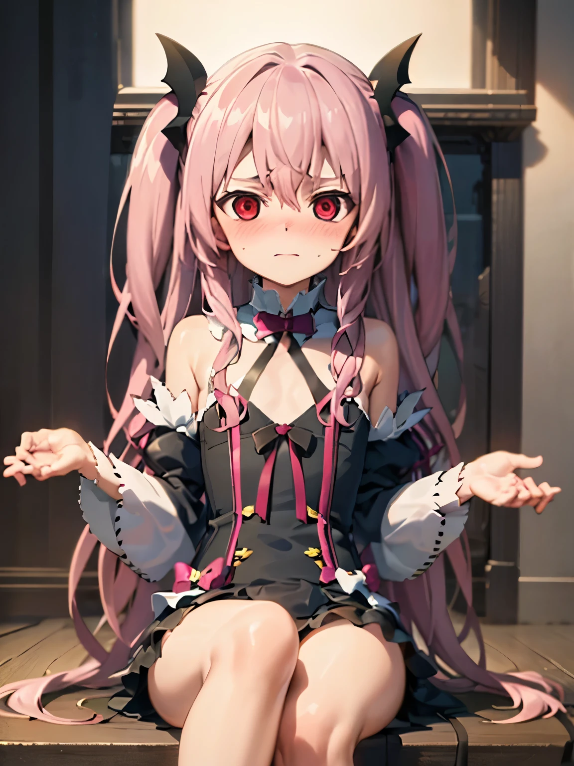 NSFW,Krul Tepes、Red eyes、Flat Chest、Long Hair、Pink Hair、Two Side Up、hair ornaments,(Perfect hands),(Perfect Anatomy),(masterpiece),(highest quality),Embarrassed,blush,High-quality lingerie,Sitting,(Leg spread:1.5)