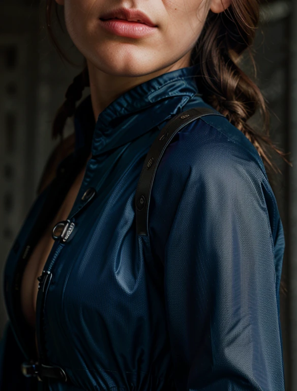 (8k, RAW photos, top quality, masterpiece: 1.2), (realistic, photorealistic: 1.37), (close up:1.5), (1 super beautiful girl), (slender and perfect figure), disheveled braid hair, professional lighting, photon mapping, (ultra detailed skin), (wearing dark blue nylon suit likes police uniform, military harness, yellow sunvisor), (normal breasts), ((bring machinegun)), serious, fires, smokes, destroyed buildings, open shirt showing breast naked