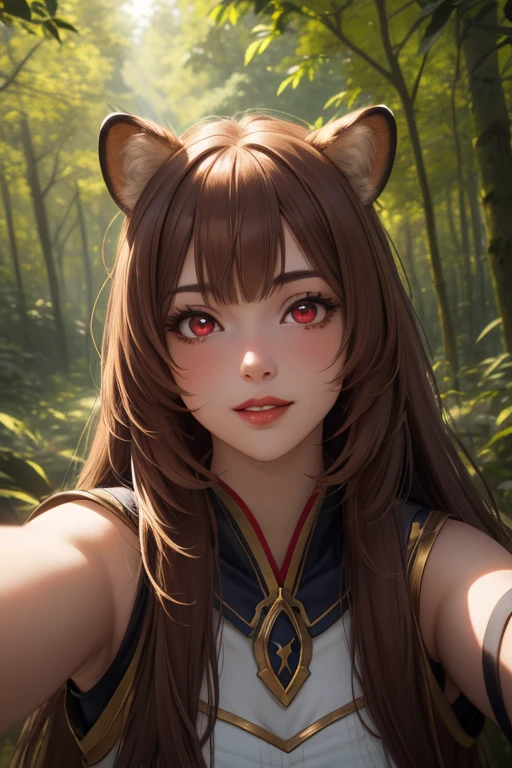 Masterpiece, best quality, 8K Wallpaper, HDR, octane rendering. Raphtalia, attractive 18 year old girl, brown hair, fair skin. raccoon ears, wearing adventurer outfit, fantasy style, forest background, selfie. (Beautiful and detailed face with perfect symmetry), (Beautiful and detailed red eyes: 1.3), (bright lips, slender smile), (body with perfect anatomy, perfect natural texture, high details, glowing skin), cinematic lighting, vivid colors , detailed illustration, depth of field.