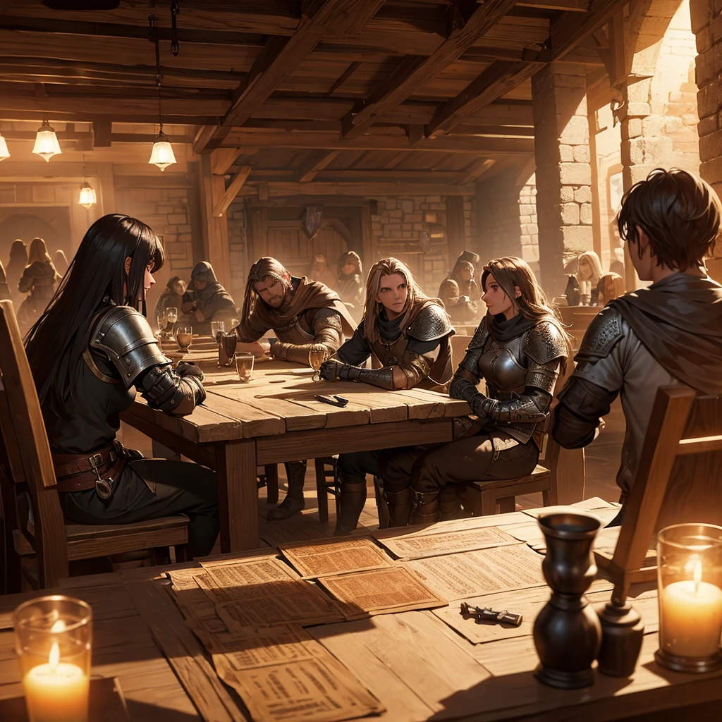 a tavern full of armored adventurers seated at tables, mission board with quests in the background, adventurers around the mission board, first person perspective open door, highly detailed, cinematic lighting, warm colors, medieval fantasy atmosphere, intricate details, volumetric lighting, photorealistic, masterpiece, best quality, 8k