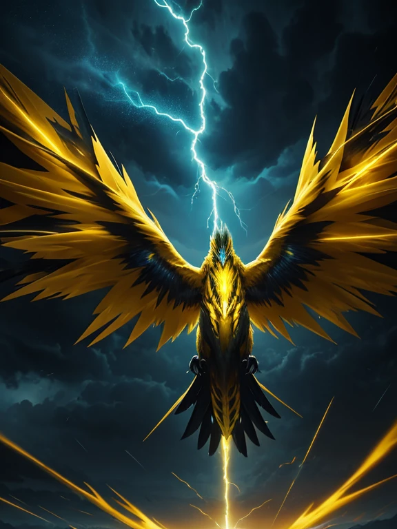 a giant electric monster bird, glowing electrical feathers, shining feathers, six wings, long tail, flying in a stormy night sky, yellow lightning and thunder, dramatic lighting, epic fantasy, dramatic colors, dramatic composition, dramatic atmosphere, fantasy art