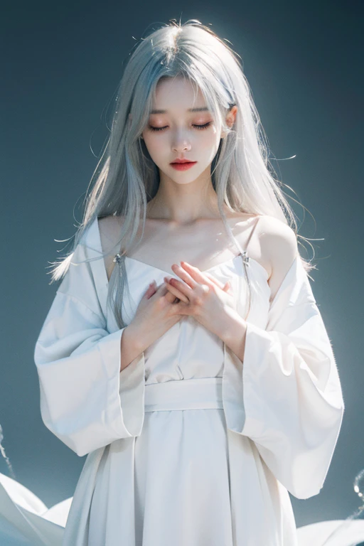 high quality、masterpiece、animation、One Girl、Angel、Skinny、Silver Hair、albino、wearing a white robe、Floating in the air、大きなAngelの羽を広げて、Like a prayer、Fold your hands on your chest、Overall image