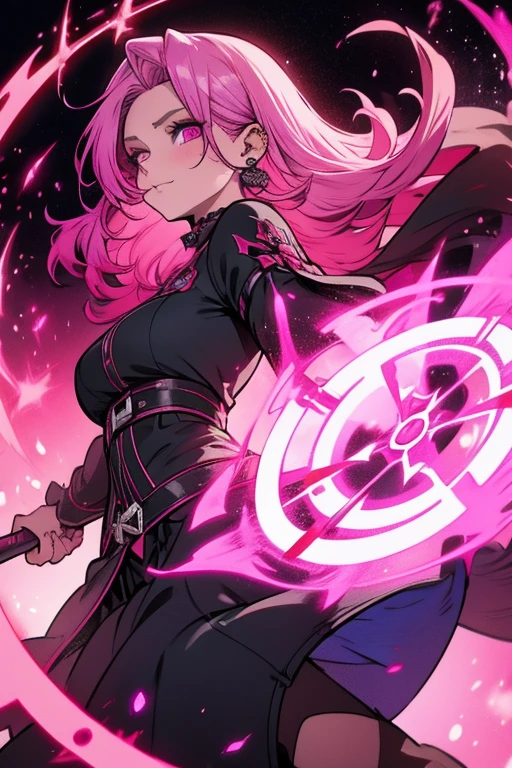 A pink haired woman with violet eyes in a gothic robe is spinning a scythe in a battle field