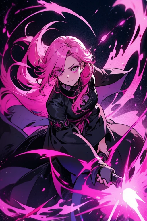 A pink haired woman with violet eyes in a gothic robe is spinning a scythe in a battle field