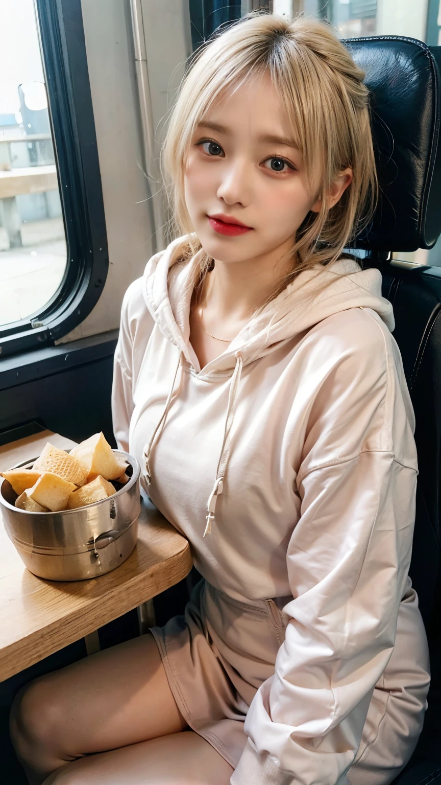 Only one woman with long straight light blonde hair. Bright and expressive blue eyes. She opted for black leggings, a hoodie and a scarf. She was wearing hiking boots, big hip, long legs. Busty. Beautiful woman. Voluptuous girl, ultimately realistic textures, ultimately intricate details, (photorealistic:1.37)