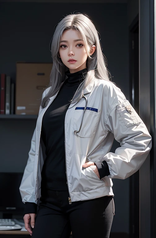Realistic, High resolution, 1. Female, alone, Hip Up, Displaying the viewer, (Detailed face), Gray Hair, Long Hair, Doctor's attire, Name tag