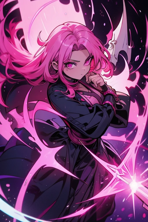 A pink haired woman with violet eyes in a gothic robe is spinning a scythe in a battle field