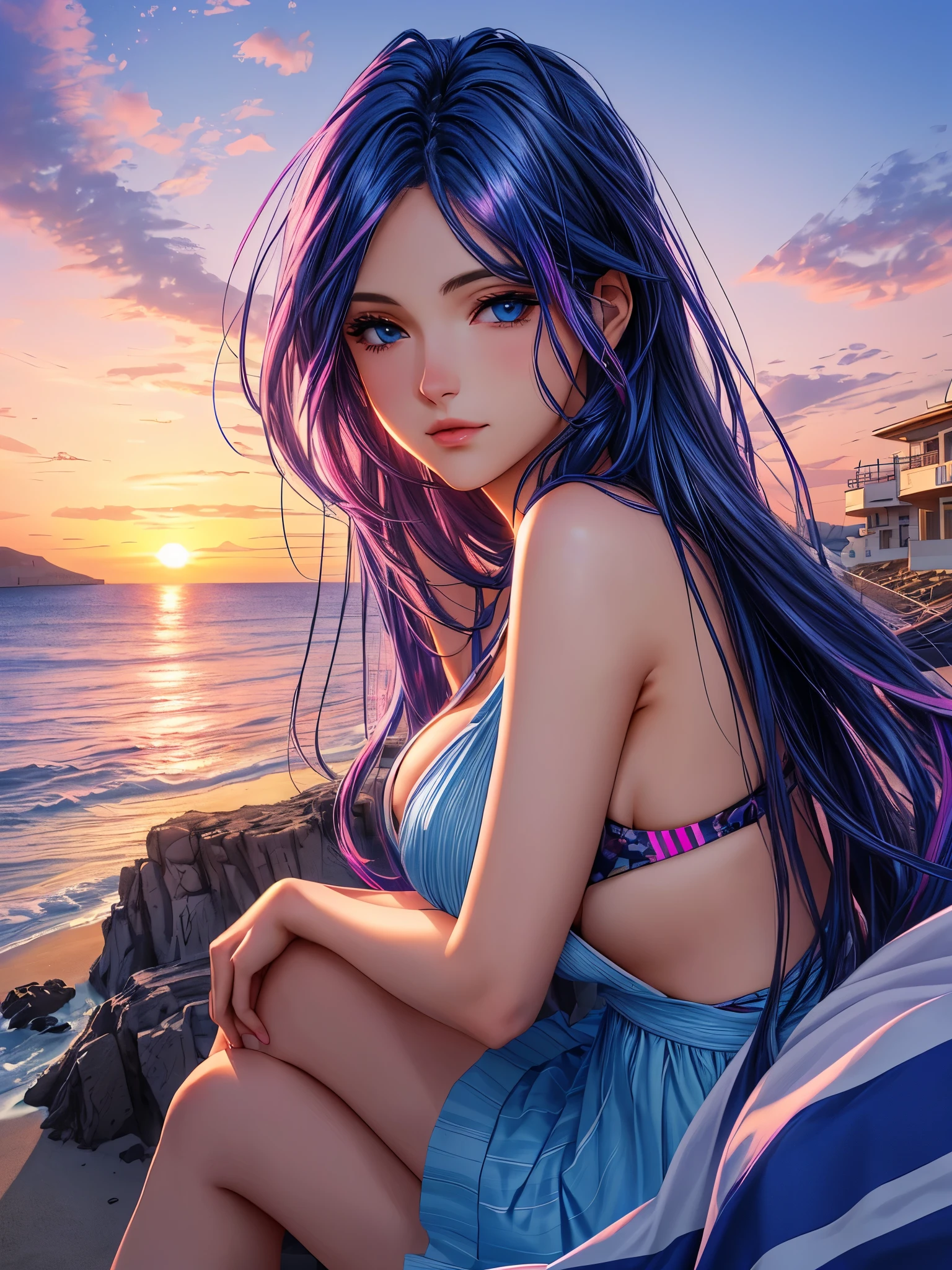 Woman in Greece portrait anime dark blue hair streaked pink purple hair blue eyes Nikon camera sunset hour realistic photography Beach House at Greek island animation realistic