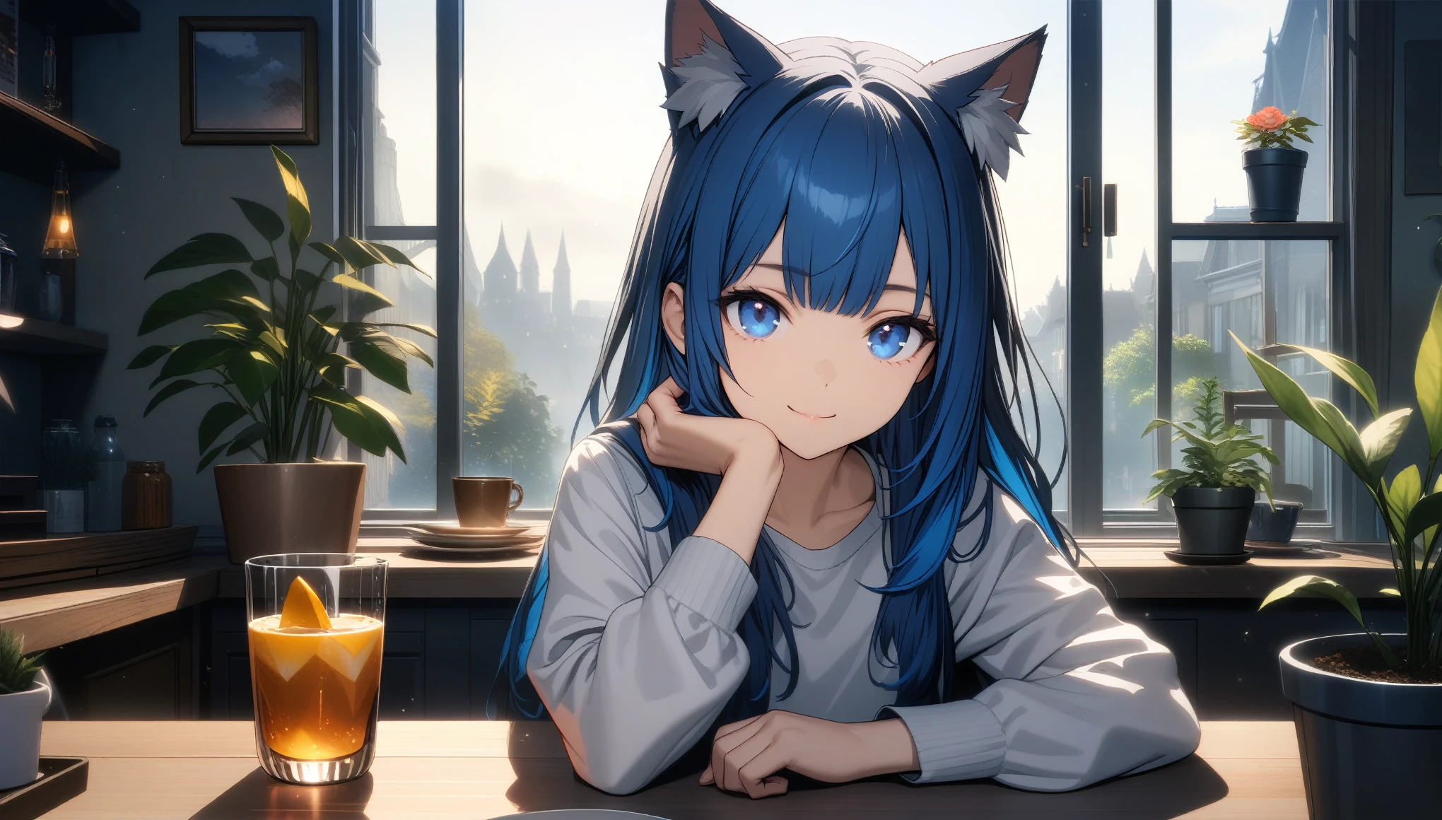 32k, best quality, ultra high res, HDR, UHD, extremely detailed CG, unity 32k wallpaper, 1girl, solo, long hair, looking at viewer, smile, bangs, blue eyes, shirt, long sleeves, holding, animal ears, closed mouth, blue hair, white shirt, multicolored hair, indoors, cat ears, cup, animal ear fluff, window, plant, holding cup, drinking glass, crystal, potted plant, 