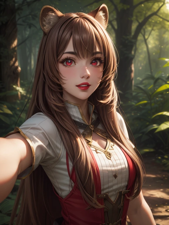 Masterpiece, best quality, 8K Wallpaper, HDR, octane rendering. Raphtalia, attractive 18 year old girl, brown hair, fair skin. raccoon ears, wearing adventurer outfit, fantasy style, forest background, selfie. (Beautiful and detailed face with perfect symmetry), (Beautiful and detailed red eyes: 1.3), (bright lips, slender smile), (body with perfect anatomy, perfect natural texture, high details, glowing skin), cinematic lighting, vivid colors , detailed illustration, depth of field.