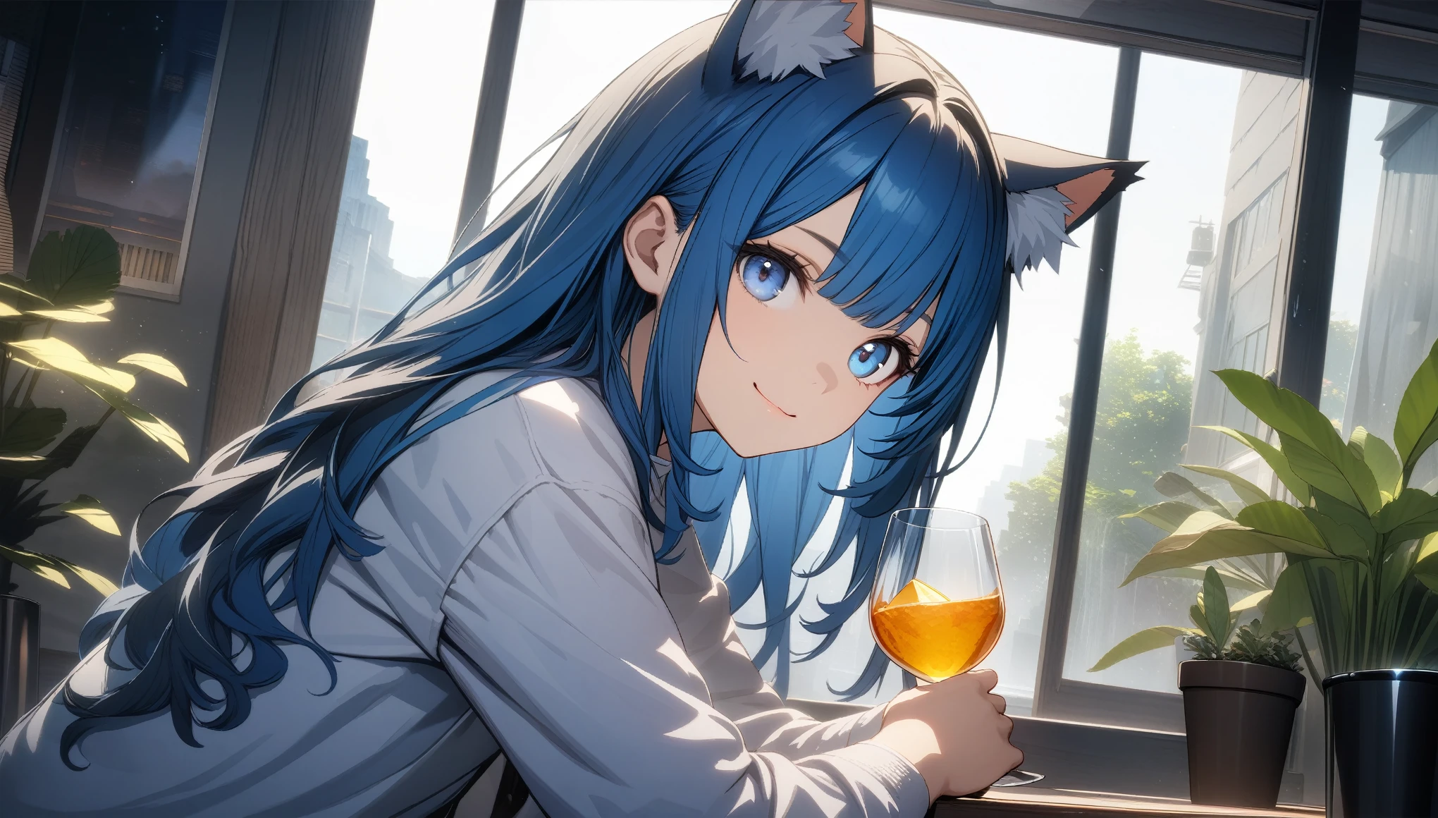 32k, best quality, ultra high res, HDR, UHD, extremely detailed CG, unity 32k wallpaper, 1girl, solo, long hair, looking at viewer, smile, bangs, blue eyes, shirt, long sleeves, holding, animal ears, closed mouth, blue hair, white shirt, multicolored hair, indoors, cat ears, cup, animal ear fluff, window, plant, holding cup, drinking glass, crystal, potted plant,