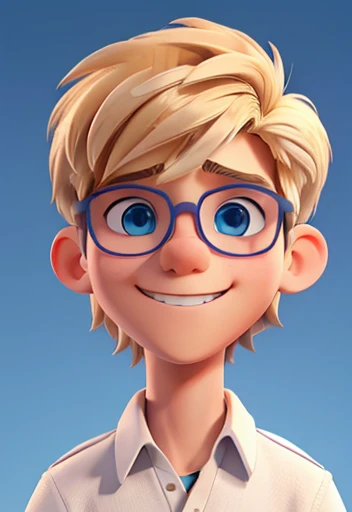 Adolescent Human Male With short Messy blonde hair ,round Glasses , white shirt , sorriso , blue pupils ,Bigger in size