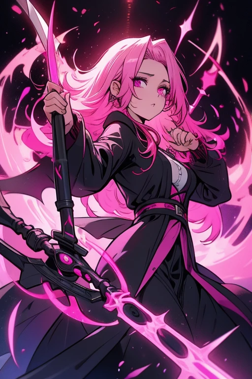 A pink haired woman with violet eyes in a gothic robe is spinning a scythe in a battle field