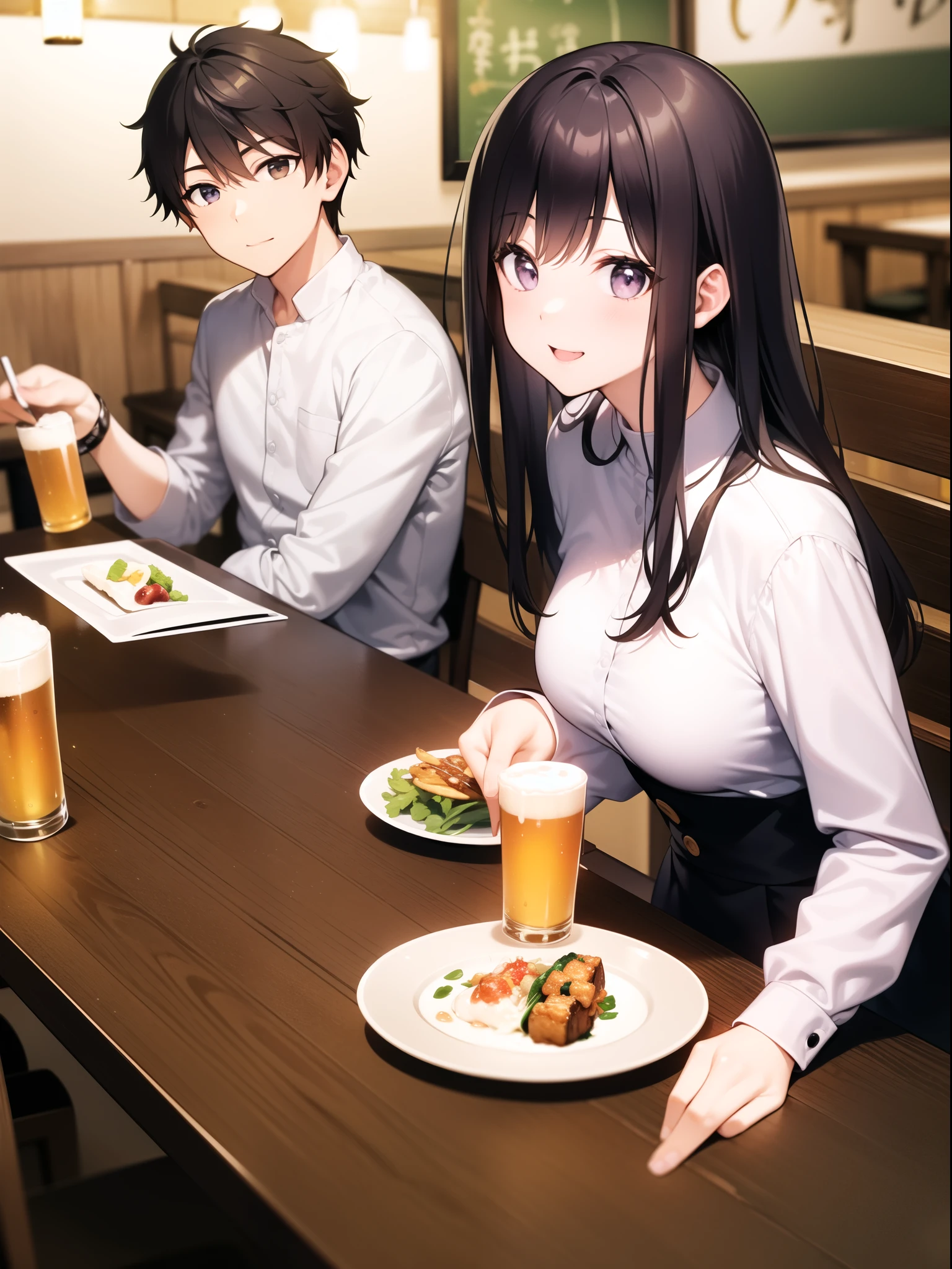 At a Japanese izakaya、Mr.々A woman drinking beer at a table with various dishes。Woman wearing a white shirt、Smiling and holding a beer mug。In the background is a Japanese izakaya counter and rows of wooden chairs.、There is a warm atmosphere。