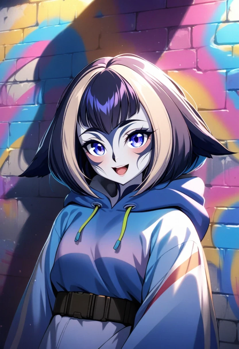 (shylily/(Twich/):1.5),(masterpiece:1.2),(best quality:1.2), absurd, 1 Girl, , Colorful hair, Gradient hair, looking at the audience, Colored eyes, Colorful hoodies, (Graffiti mural wall background:1.15), colorful paintings, bloom, portrait, open mouth, Waist bag, Against the wall, Bangs, shadow, reflection, Graffiti face, Colored eyes, open mouth, pathological expression, Smile, Look at the audience