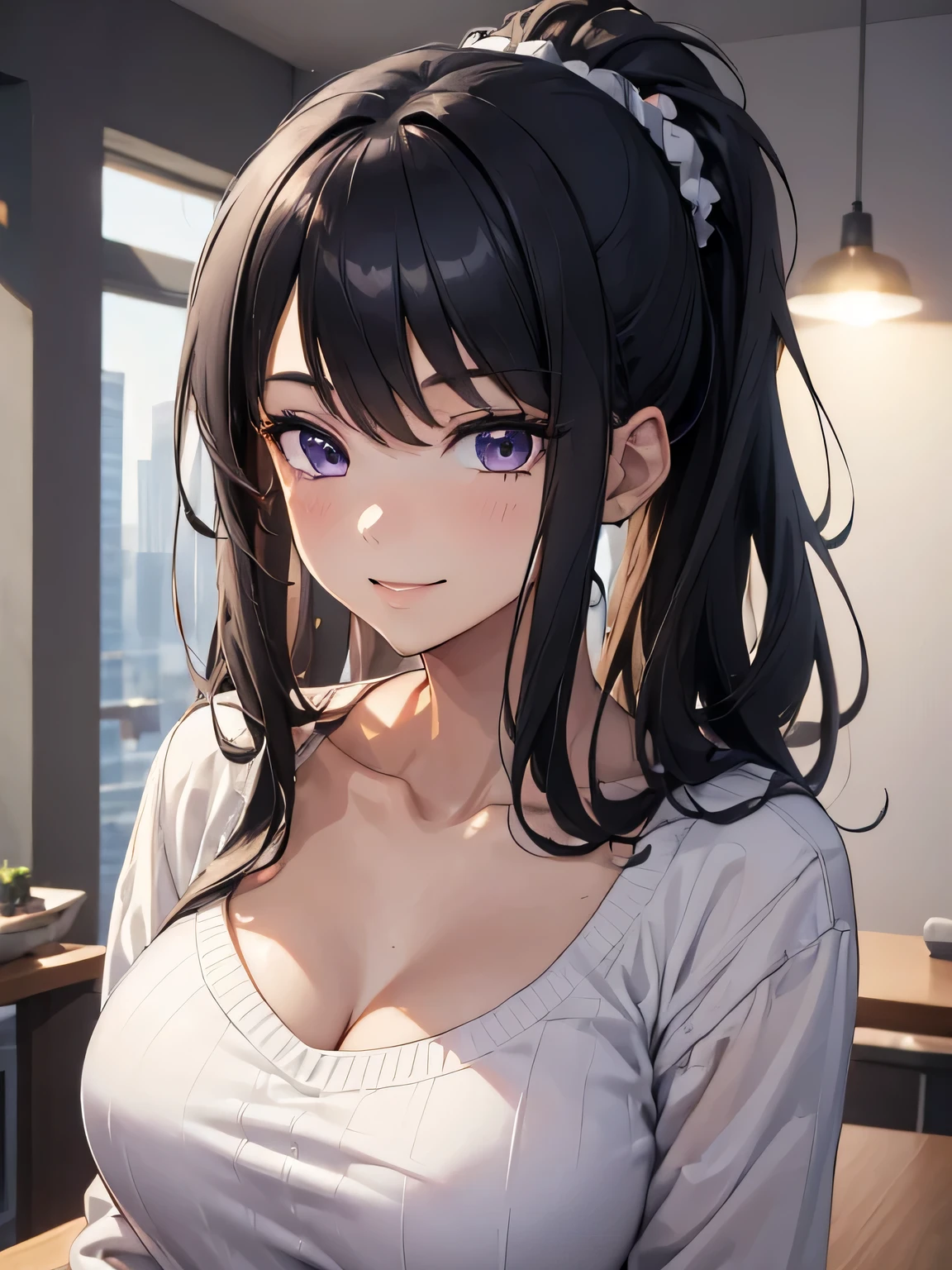 (masterpiece, best quality:1.4), 8k, Close Up, White Black ponytail Hair, Messy Hair, Young adult, anime girl, Smiling, Happy, light purple Eyes, Big chest, White sweater, (detailed eyes and face, sharp pupils, realistic pupils:0.6)