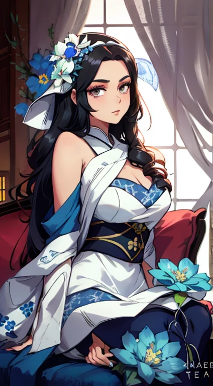 A beautiful Alara woman，Wearing a white dress，Blue flowers sitting on the sofa, Japanese cartoons girl cosplay, Overlord&#39;s albedo, Japanese cartoons cosplay, Ali from League of Legends, Ali, Naiko role play! maid! skirt, Full body fairy costume(((Large Breasts、Low-cut，Cleavage, Wide hips,)))((Long legs)),Hourglass figure,, Elegant and charming cosplay, Cosplay Photos, beautiful and enticing Japanese cartoons woman. (best quality,4k,8K,High resolution,masterpiece:1.2), Extremely detailed, (Practical,photoPractical,photo-Practical:1.37), HDR, Ultra HD, Studio Lighting, Super Fine, Clear focus, Physically Based Rendering, Extremely detailed的描述, professional, Bright colors, Bokeh, portrait, Japanese cartoons, photography, vibrant color palette, soft light.