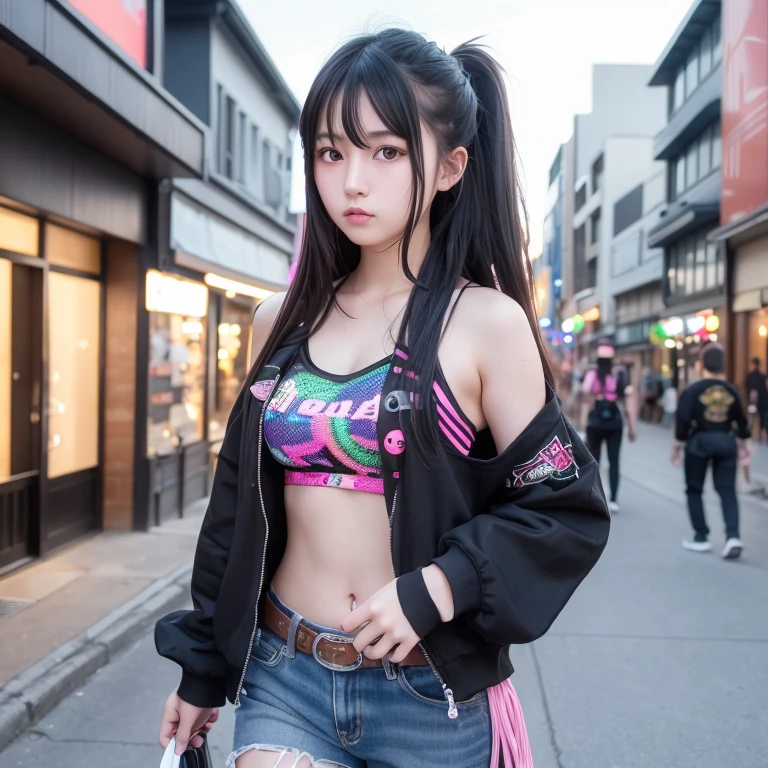 Ultra high definition、High resolution、8k、Raw photo、1 beautiful age Japanese woman、Big beautiful eyeedium chest、Black semi-long hair、(Raver fashion:1.4), walking, (cowboy shot:1.2), nice angle, nice posture, (outdoor, town street)