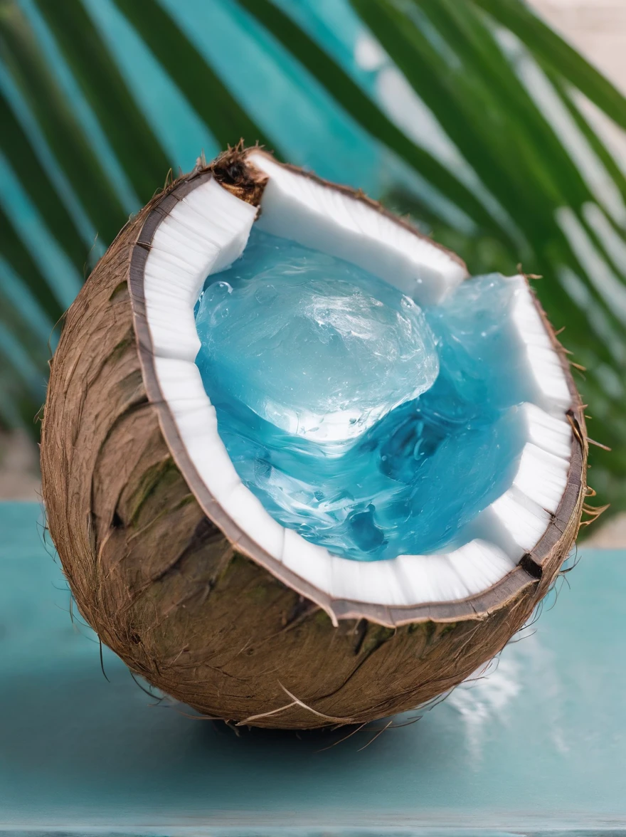real fiji water inside a coconut in kokomo beach, summer tropical refreshing product design, vacation color palette, natural look, film stock, smooth tonality, soft focus and bokeh, hdri, very breathtaking, realistic