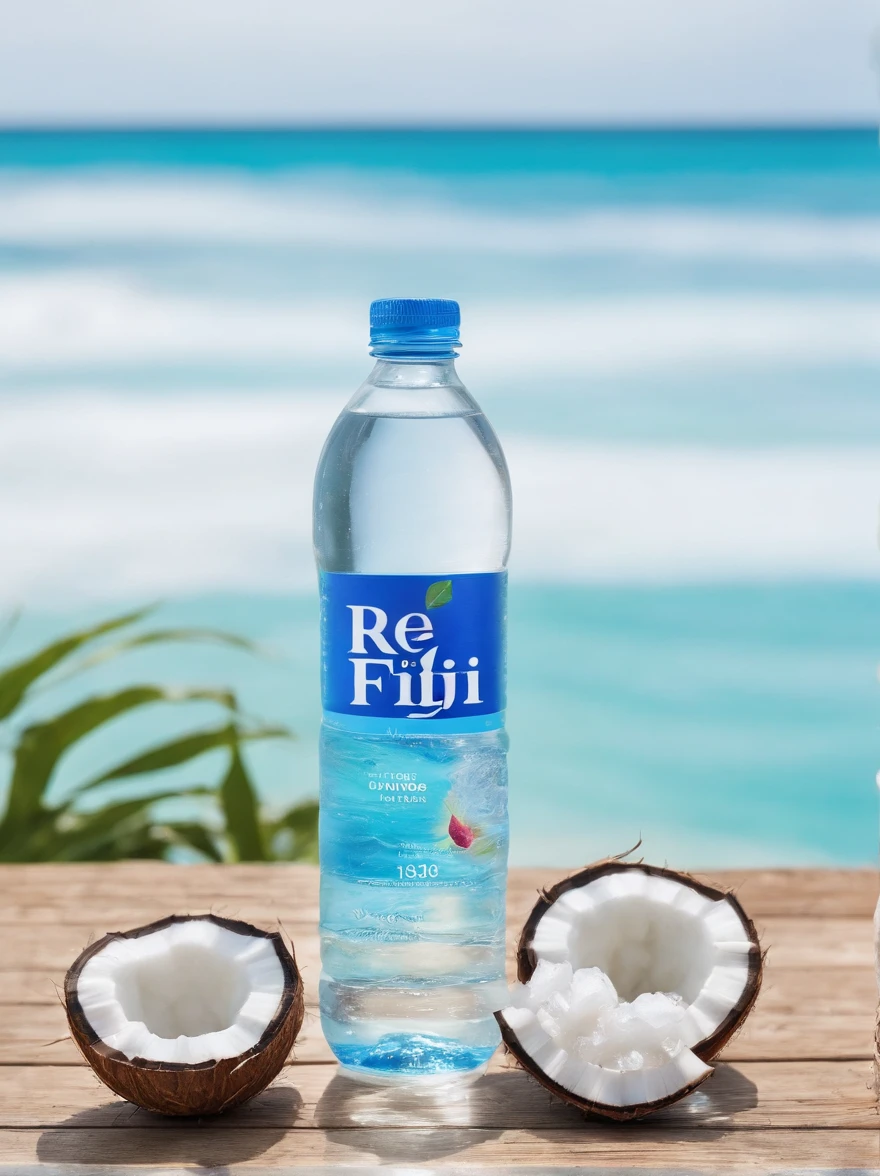 real fiji water inside a coconut in kokomo beach, summer tropical refreshing product design, vacation color palette, natural look, film stock, smooth tonality, soft focus and bokeh, hdri, very breathtaking, realistic