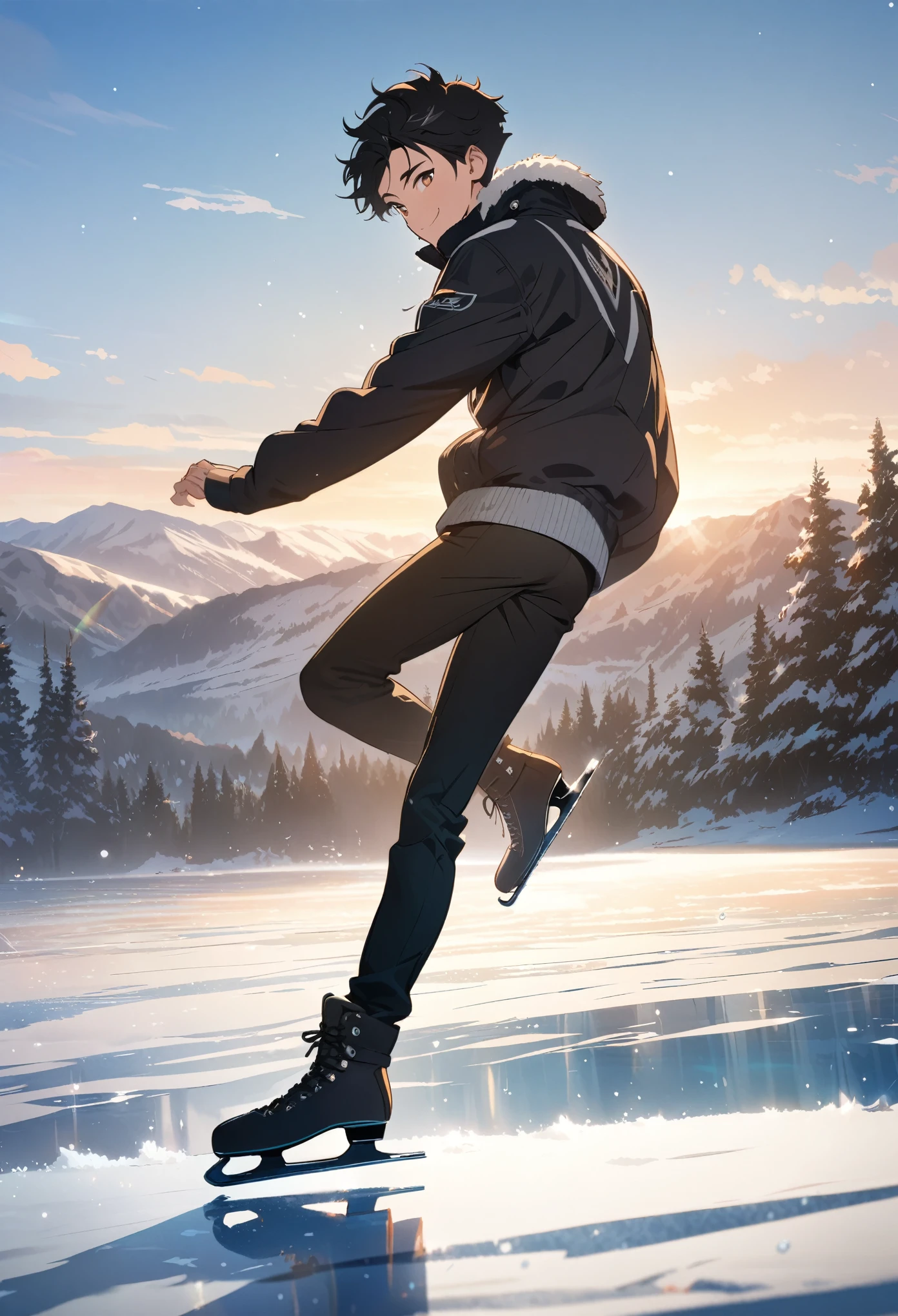solo, ice skater at daylight, anime boy with short black hair and brown eyes, happy and smiling with closed mouth, wearing a jacket and ice skates, dancing on ice, masterpiece, best quality, very detailed, illustration