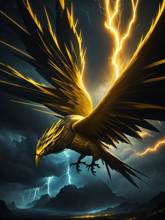 a giant electric monster bird, glowing electrical feathers, shining feathers, six wings, long tail, flying in a stormy night sky, yellow lightning and thunder, dramatic lighting, epic fantasy, dramatic colors, dramatic composition, dramatic atmosphere, fantasy art