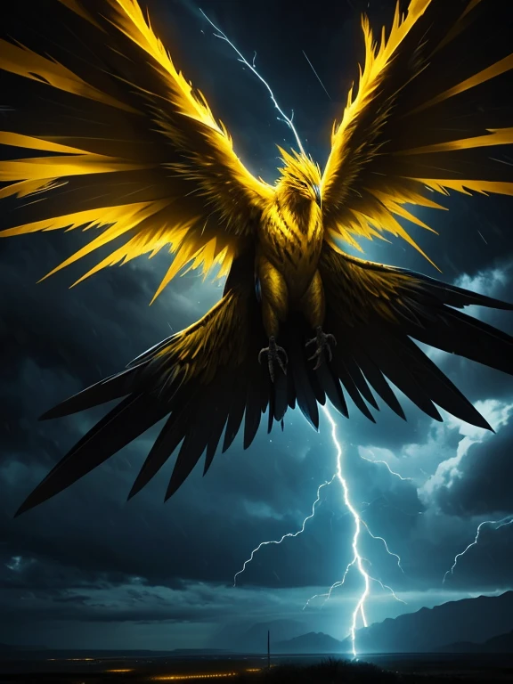 a giant electric monster bird, glowing electrical feathers, shining feathers, six wings, long tail, flying in a stormy night sky, yellow lightning and thunder, dramatic lighting, epic fantasy, dramatic colors, dramatic composition, dramatic atmosphere, fantasy art