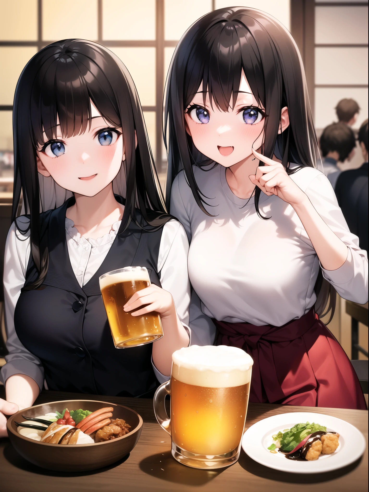Young woman drinking beer mug in Japanese izakaya。The woman is wearing a white blouse、Hair style with bangs。On the table々There are various dishes lined up and he is drinking beer with a happy expression on his face.。Other guests are sitting in the background.、You can feel the atmosphere of a lively Japanese izakaya。