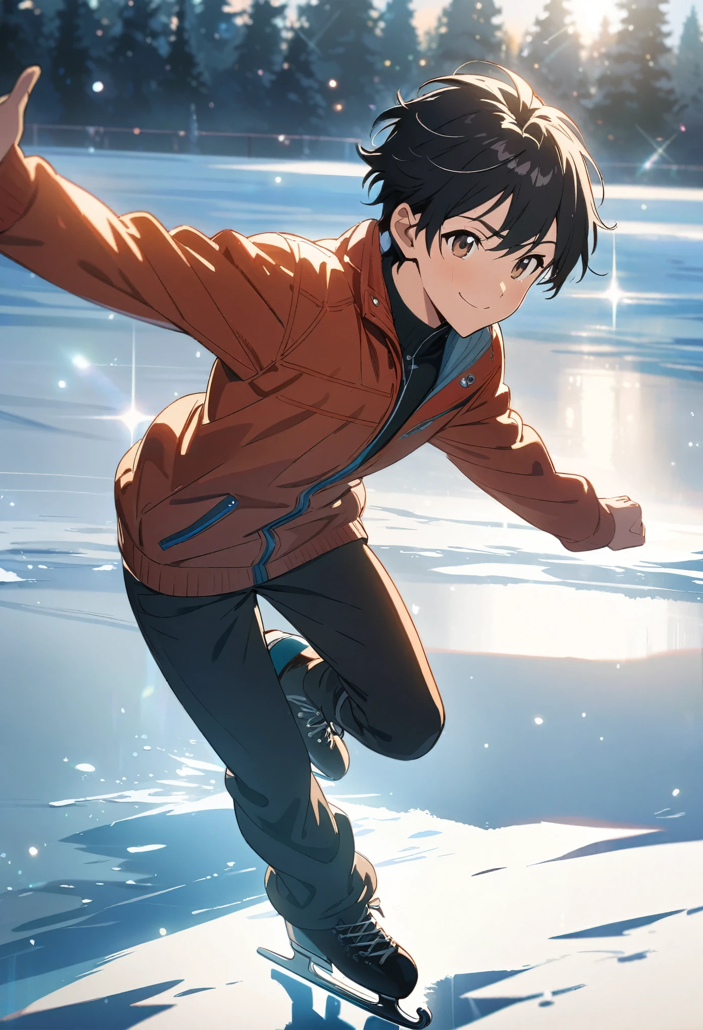 solo, ice skater at daylight, anime boy with short black hair and brown eyes, happy and smiling with closed mouth, wearing a jacket and ice skates, dancing on ice, masterpiece, best quality, very detailed, illustration