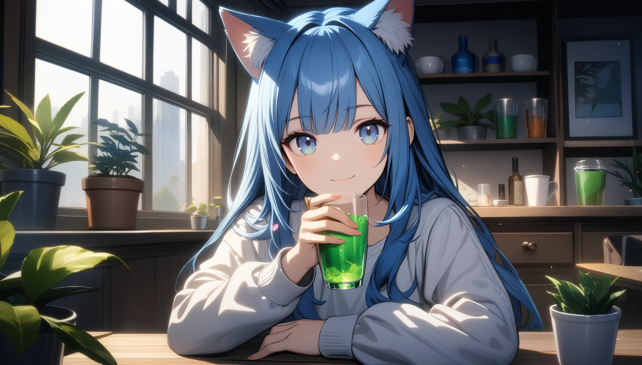 32k, best quality, ultra high res, HDR, UHD, extremely detailed CG, unity 32k wallpaper, 1girl, solo, long hair, looking at viewer, smile, bangs, blue eyes, shirt, long sleeves, holding, animal ears, closed mouth, blue hair, white shirt, multicolored hair, indoors, cat ears, cup, animal ear fluff, window, plant, holding cup, drinking glass, crystal, potted plant,