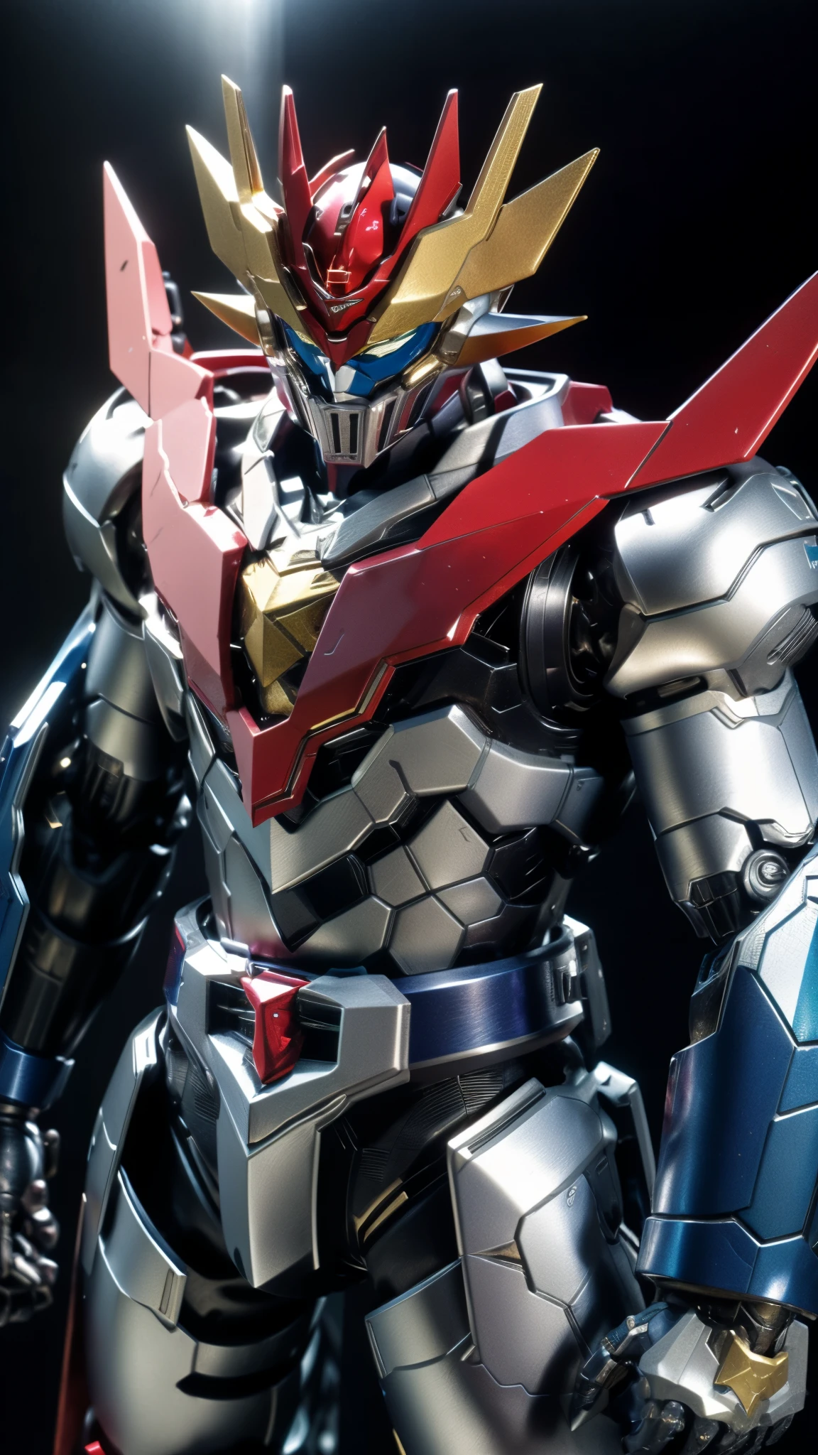 A man wearing a full-face helmet, a fantasy-style biotech armored combat suit, green eyes, (a composite layered chest armor), fully enclosed shoulder guards, matching arm and leg guards, the belt is adorned with Z mark, (the color scheme is primarily white with red and blue accents), the design balances heavy with agility, a high-tech bio-mecha armor, (Armor Concept Inspired by Mazinger Z, stand on the top of a skyscraper in a futuristic sci-fi city), this character embodies a finely crafted fantasy-surreal style armored hero in anime style, exquisite and mature manga art style, (battle damage, element, plasma, energy, the armor glows), ((male:1.5)), metallic, real texture material, dramatic, high definition, best quality, highres, ultra-detailed, ultra-fine painting, extremely delicate, professional, perfect body proportions, golden ratio, anatomically correct, symmetrical face, extremely detailed eyes and face, high quality eyes, creativity, RAW photo, UHD, 32k, Natural light, cinematic lighting, masterpiece-anatomy-perfect, masterpiece:1.5
