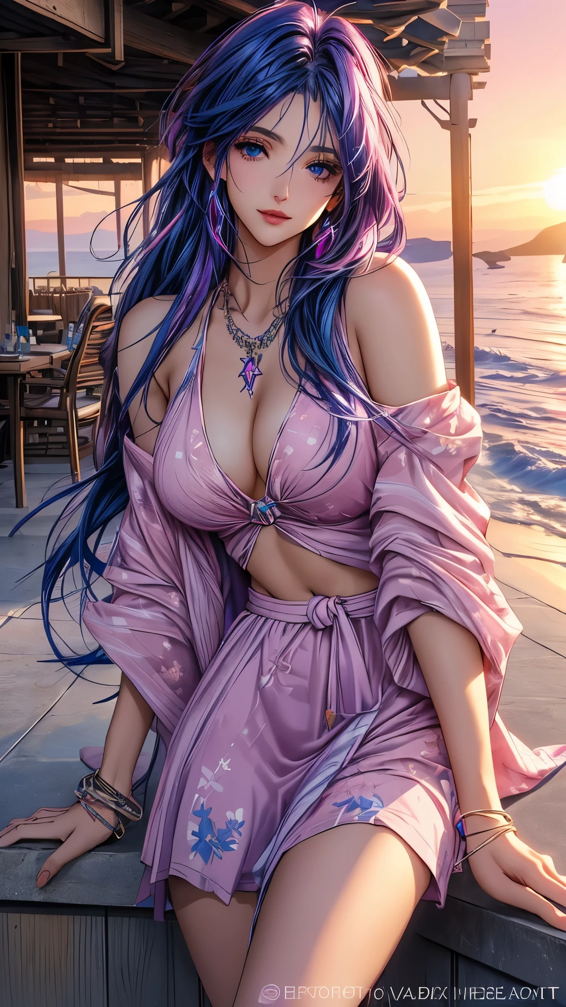 Woman in Greece portrait anime dark blue hair streaked pink purple hair blue eyes Nikon camera sunset hour realistic photography Beach House at Greek island animation realistic